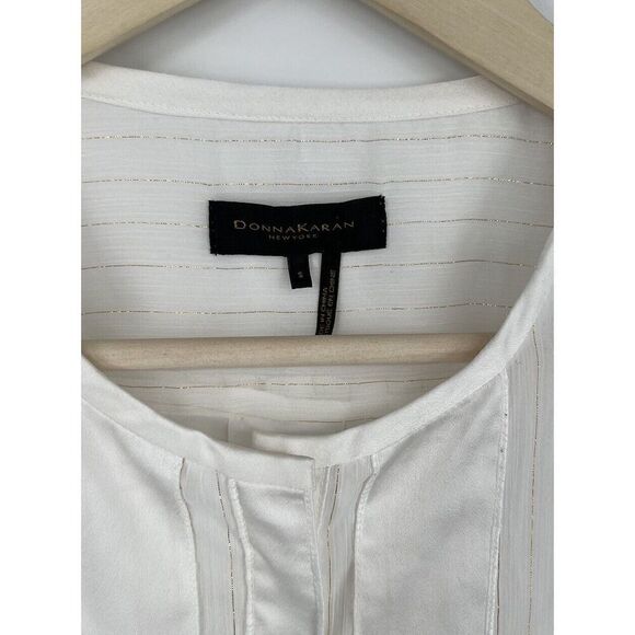 Donna Karan Black Label Blouse White Gold Accent Long Sleeve Size Small Elegant - Picture 2 of 4